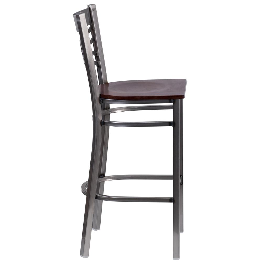 Clear Coated ''X'' Back Metal Restaurant Barstool - Walnut Wood Seat. Picture 2