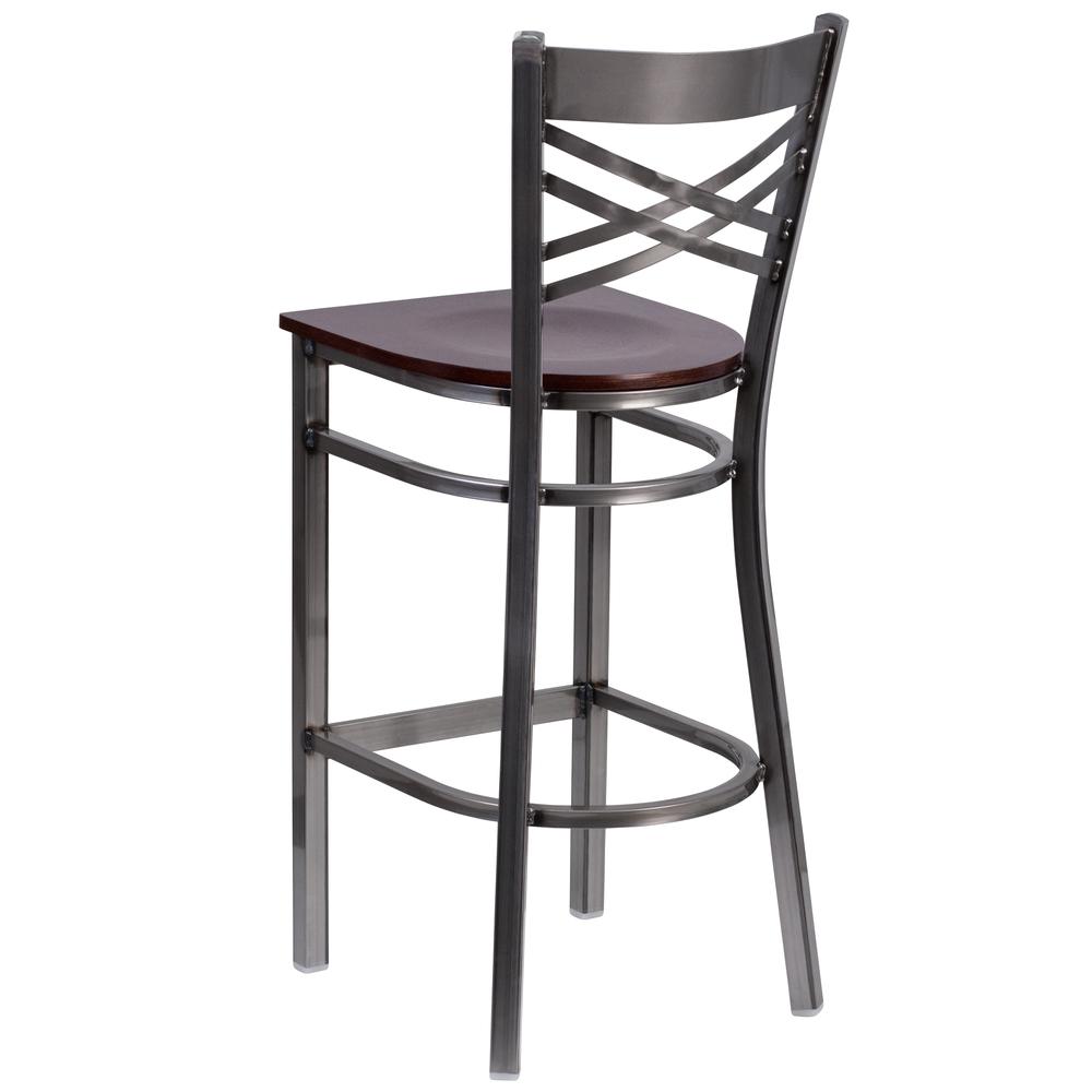 Clear Coated ''X'' Back Metal Restaurant Barstool - Walnut Wood Seat. Picture 3