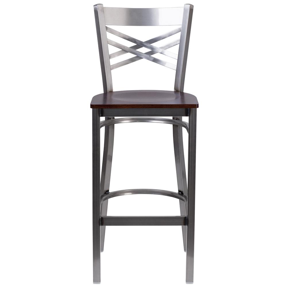Clear Coated ''X'' Back Metal Restaurant Barstool - Walnut Wood Seat. Picture 4