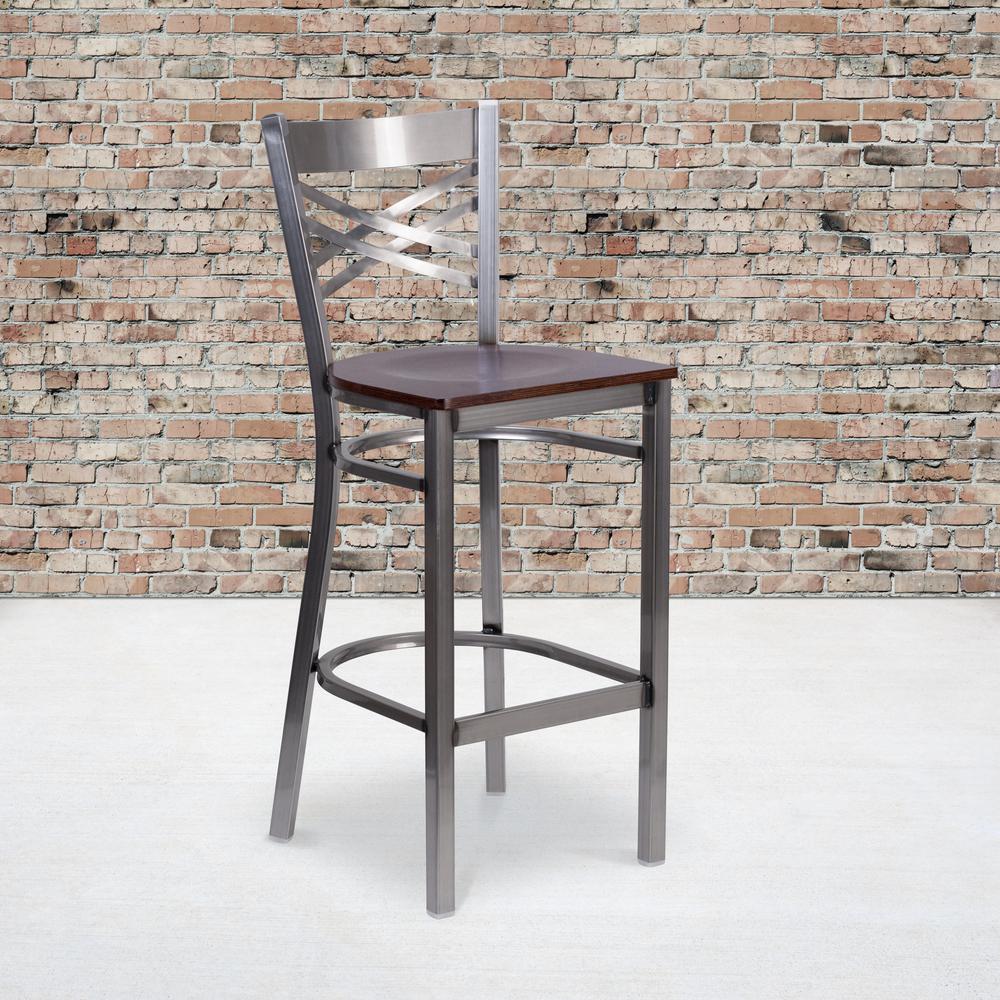 Clear Coated ''X'' Back Metal Restaurant Barstool - Walnut Wood Seat. Picture 5