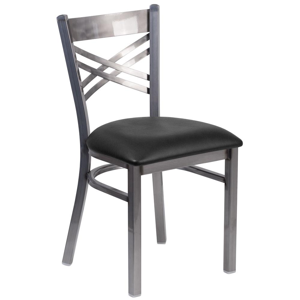 Clear Coated ''X'' Back Metal Restaurant Chair - Black Vinyl Seat. Picture 1