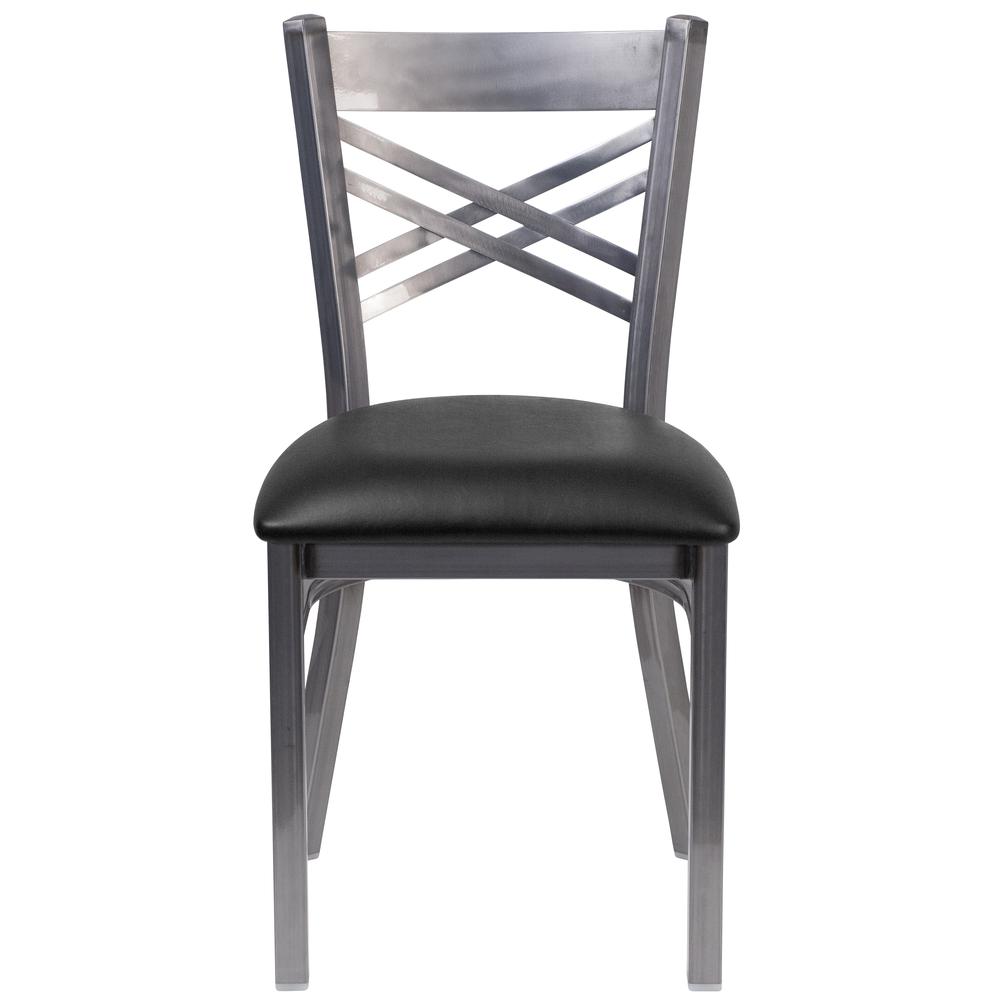 Clear Coated ''X'' Back Metal Restaurant Chair - Black Vinyl Seat. Picture 4