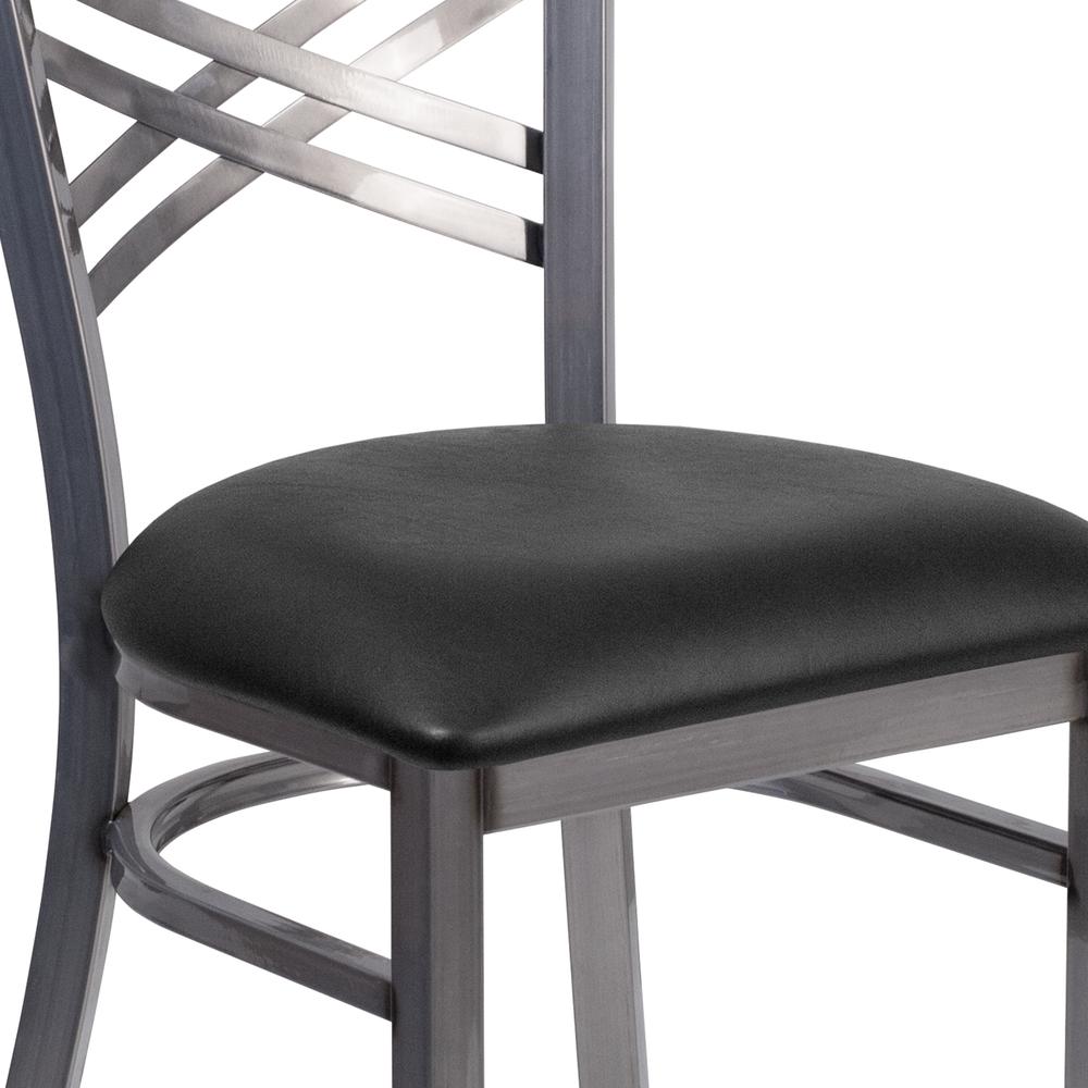 Clear Coated ''X'' Back Metal Restaurant Chair - Black Vinyl Seat. Picture 6