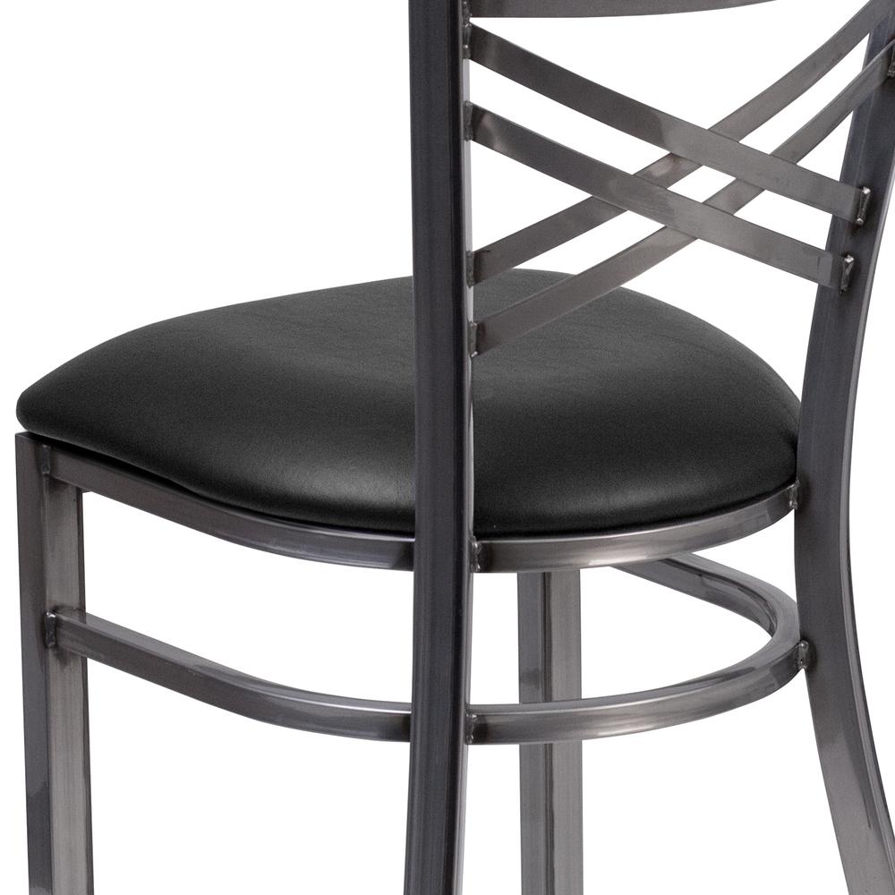 Clear Coated ''X'' Back Metal Restaurant Chair - Black Vinyl Seat. Picture 7