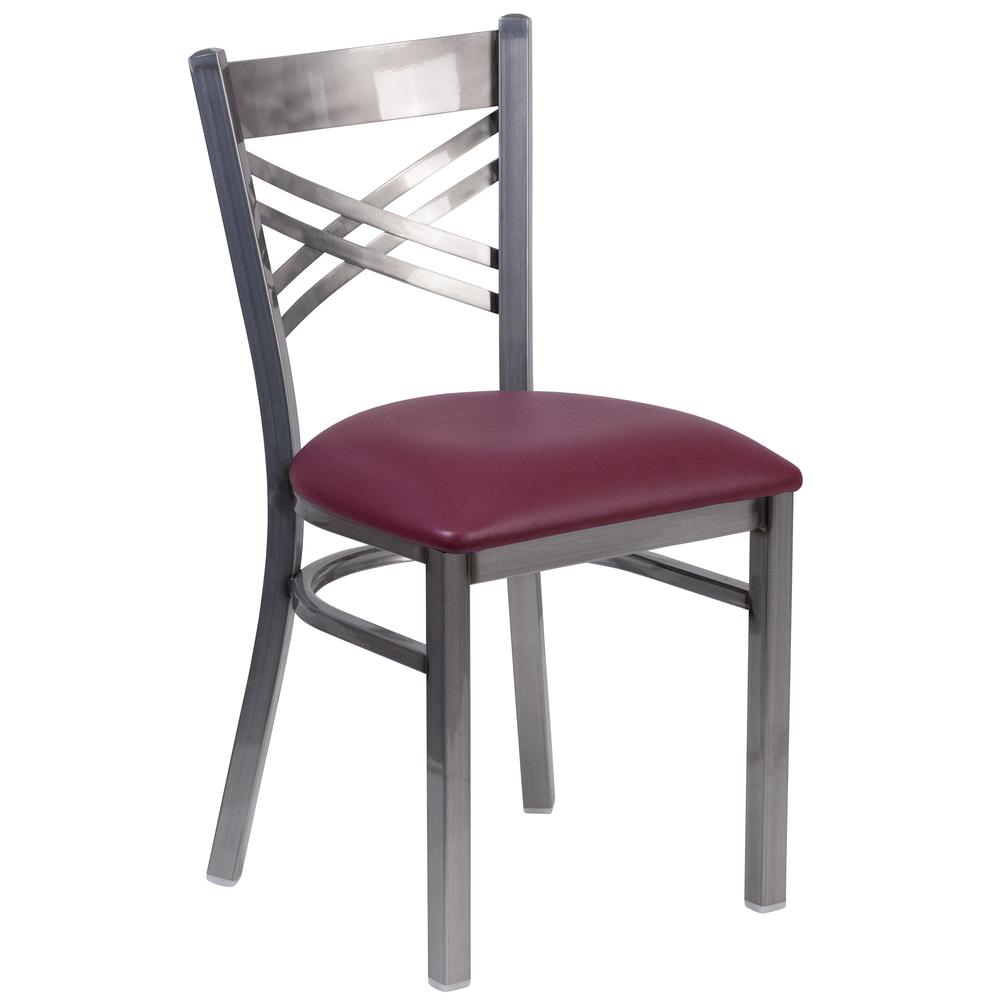 Clear Coated ''X'' Back Metal Restaurant Chair - Burgundy Vinyl Seat. Picture 1