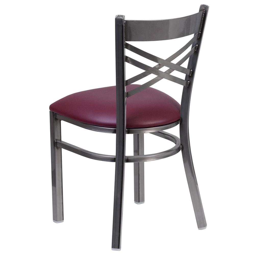 Clear Coated ''X'' Back Metal Restaurant Chair - Burgundy Vinyl Seat. Picture 3