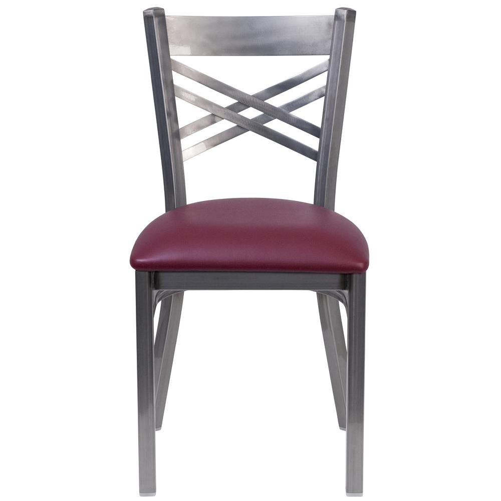 Clear Coated ''X'' Back Metal Restaurant Chair - Burgundy Vinyl Seat. Picture 4