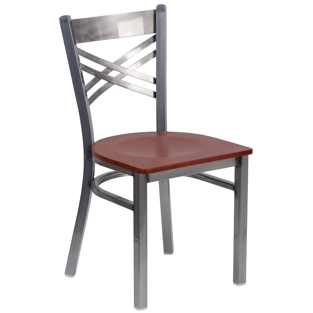 Clear Coated ''X'' Back Metal Restaurant Chair - Cherry Wood Seat. Picture 1