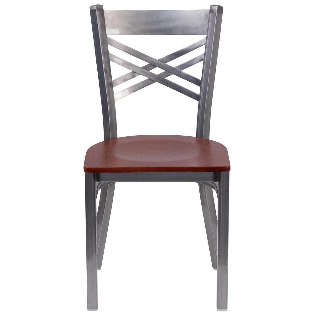 Clear Coated ''X'' Back Metal Restaurant Chair - Cherry Wood Seat. Picture 4