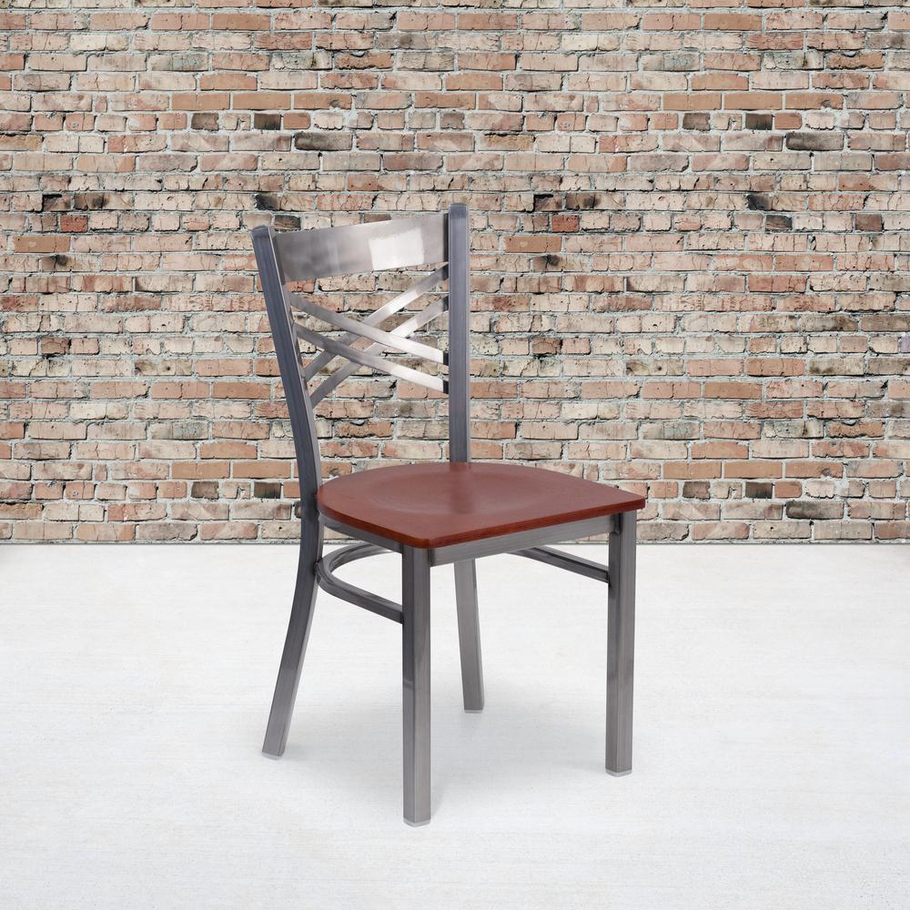 Clear Coated ''X'' Back Metal Restaurant Chair - Cherry Wood Seat. Picture 5