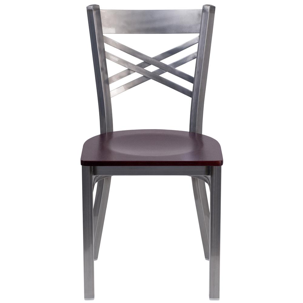 Clear Coated ''X'' Back Metal Restaurant Chair - Mahogany Wood Seat. Picture 4