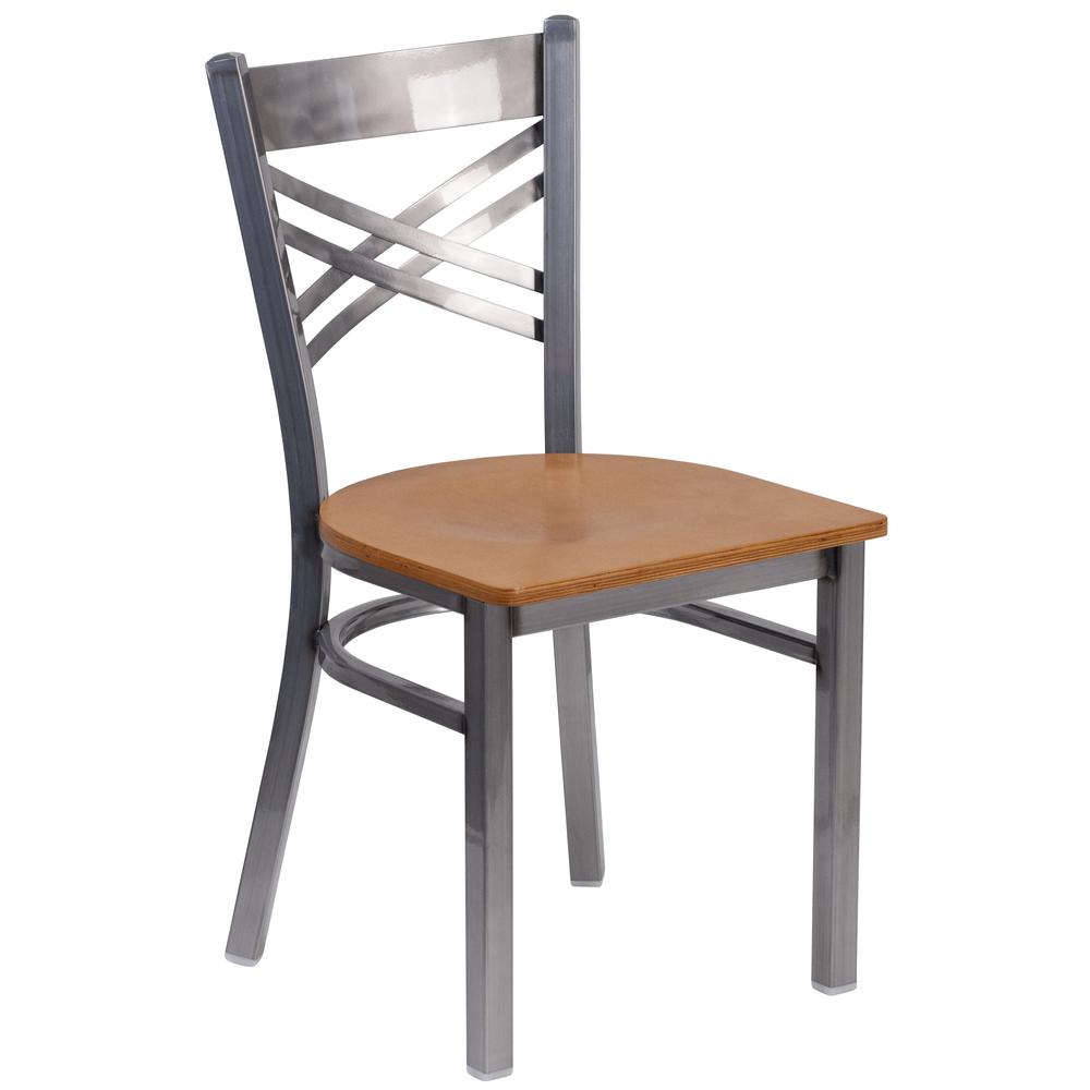 Clear Coated ''X'' Back Metal Restaurant Chair - Natural Wood Seat. Picture 1