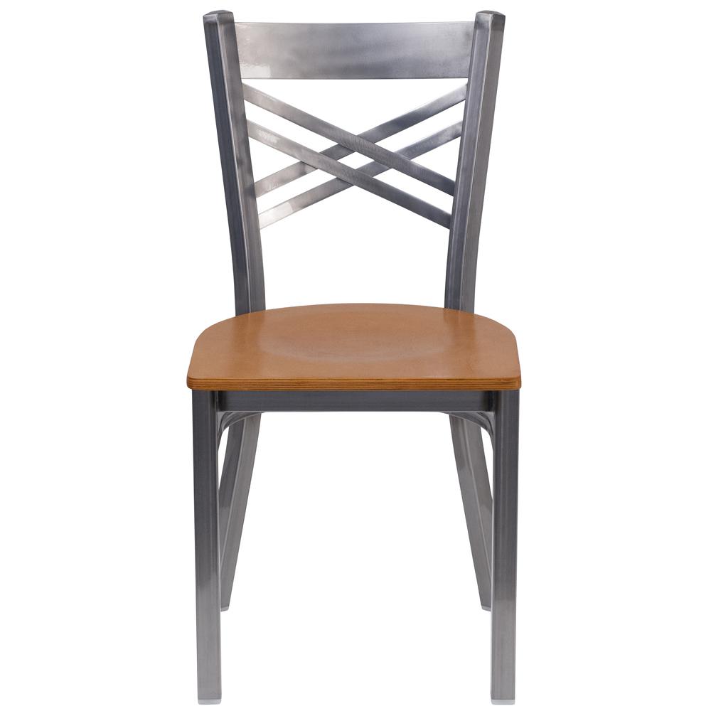 Clear Coated ''X'' Back Metal Restaurant Chair - Natural Wood Seat. Picture 4