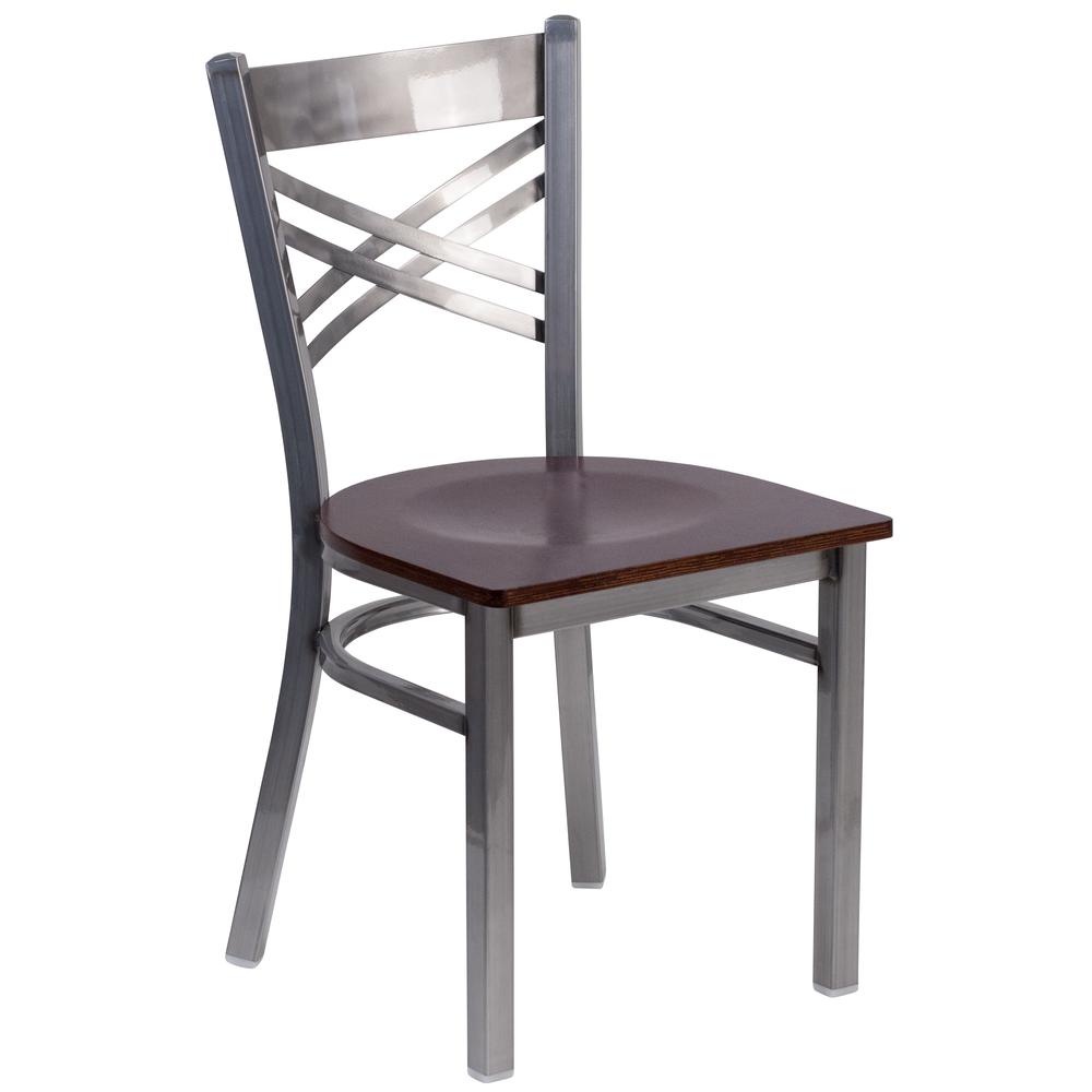 Clear Coated ''X'' Back Metal Restaurant Chair - Walnut Wood Seat. Picture 1