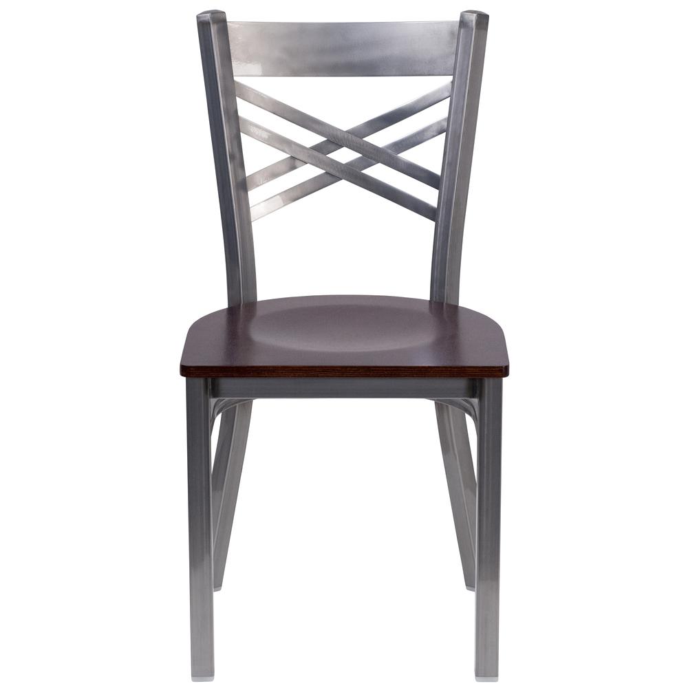 Clear Coated ''X'' Back Metal Restaurant Chair - Walnut Wood Seat. Picture 4