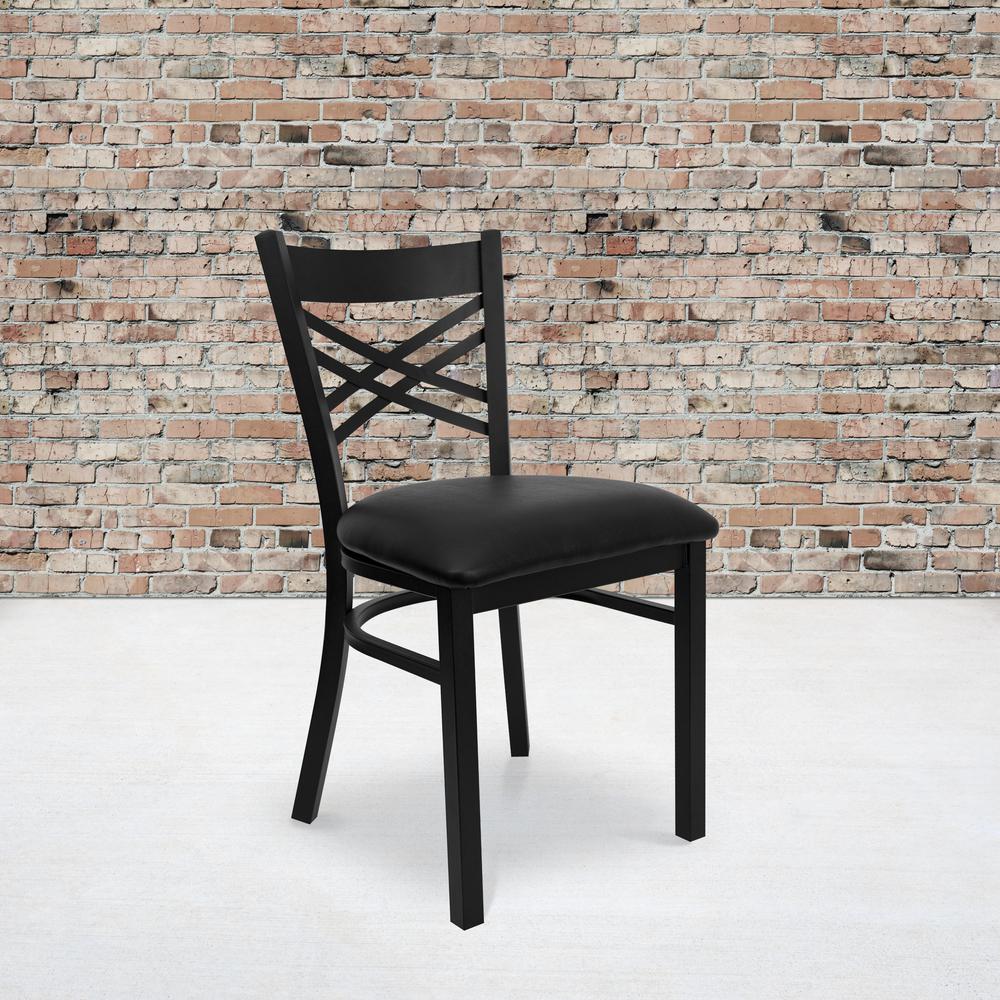 Black ''X'' Back Metal Restaurant Chair - Black Vinyl Seat. Picture 8