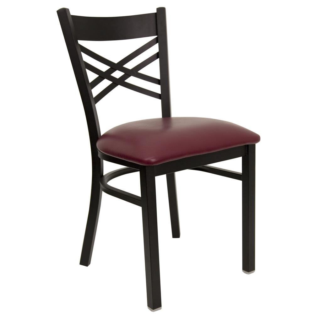 Black ''X'' Back Metal Restaurant Chair - Burgundy Vinyl Seat. Picture 1