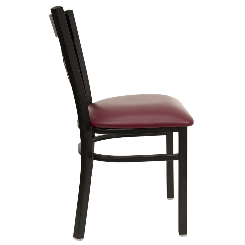 Black ''X'' Back Metal Restaurant Chair - Burgundy Vinyl Seat. Picture 2