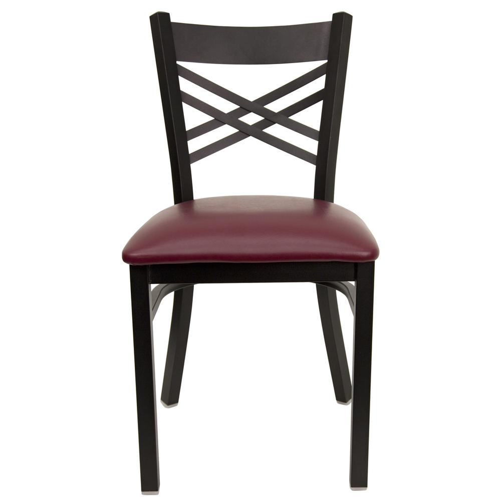 Black ''X'' Back Metal Restaurant Chair - Burgundy Vinyl Seat. Picture 4