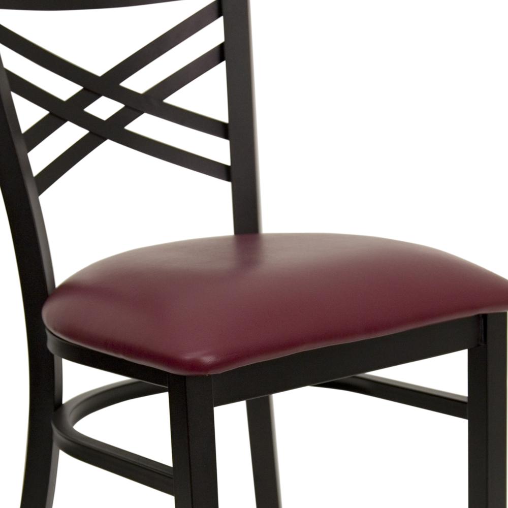 Black ''X'' Back Metal Restaurant Chair - Burgundy Vinyl Seat. Picture 5
