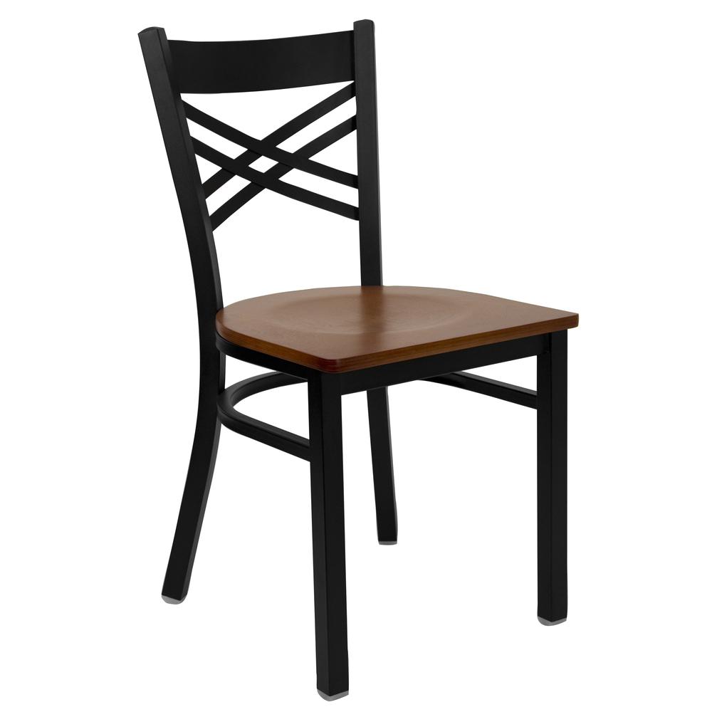 Black ''X'' Back Metal Restaurant Chair - Cherry Wood Seat. Picture 1