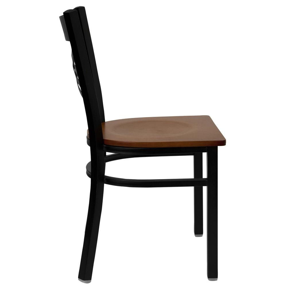 Black ''X'' Back Metal Restaurant Chair - Cherry Wood Seat. Picture 2
