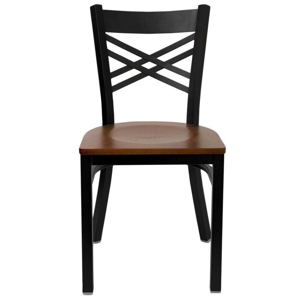 Black ''X'' Back Metal Restaurant Chair - Cherry Wood Seat. Picture 4