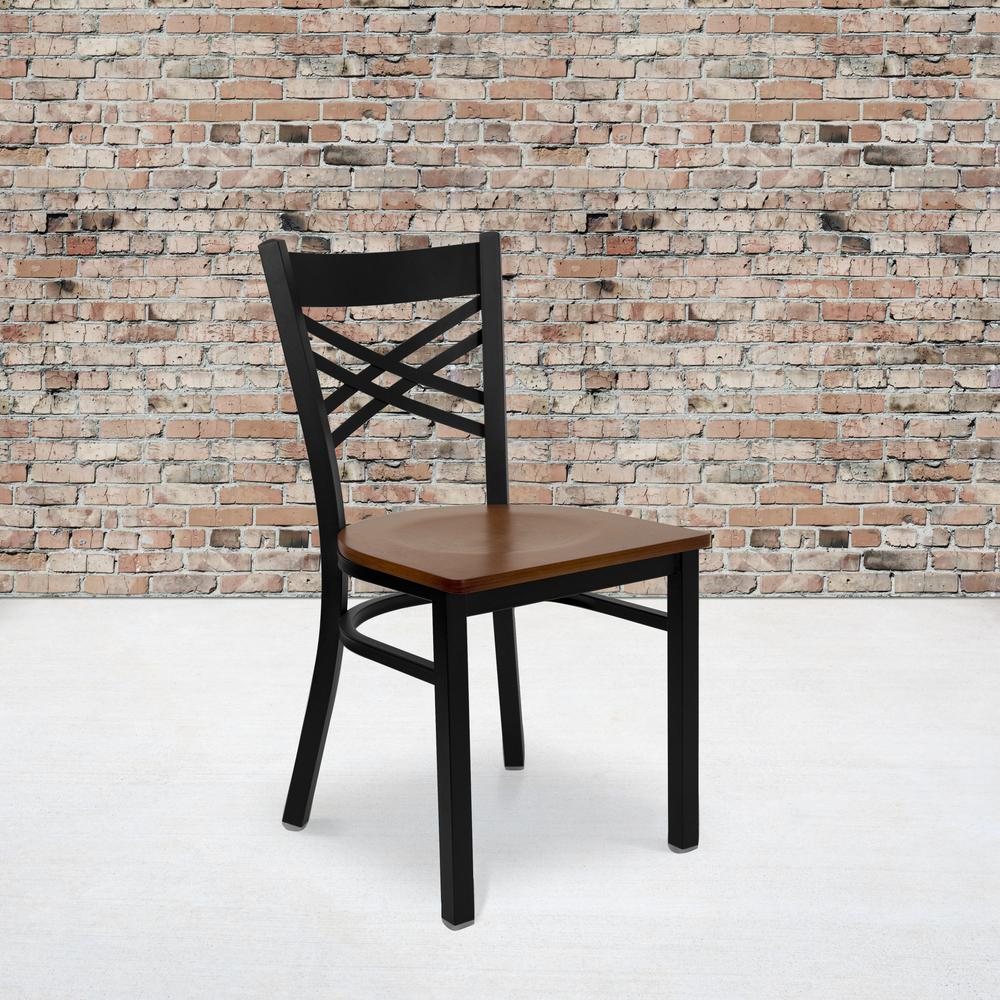 Black ''X'' Back Metal Restaurant Chair - Cherry Wood Seat. Picture 5
