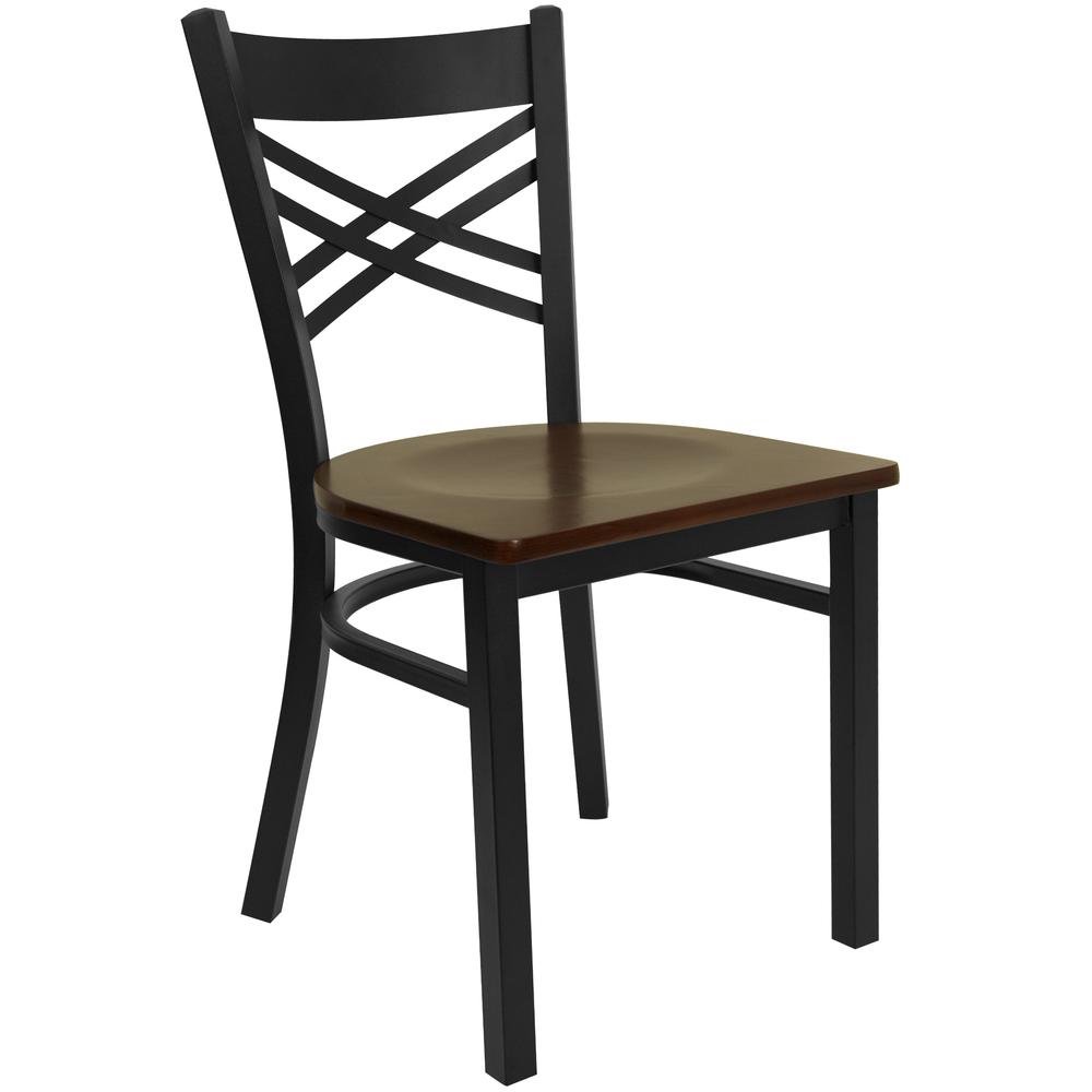 Black ''X'' Back Metal Restaurant Chair - Mahogany Wood Seat. Picture 1