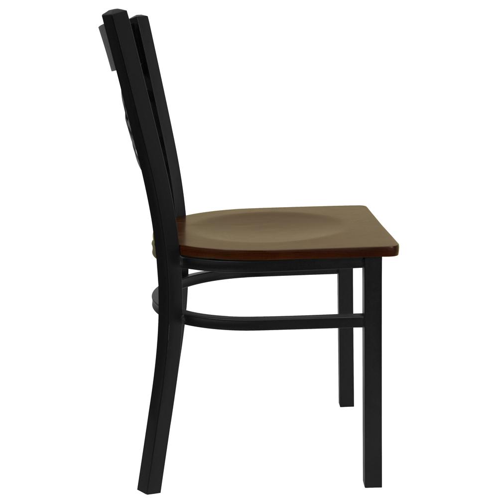 Black ''X'' Back Metal Restaurant Chair - Mahogany Wood Seat. Picture 2