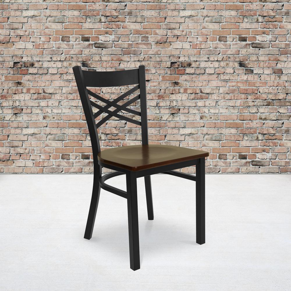 Black ''X'' Back Metal Restaurant Chair - Mahogany Wood Seat. Picture 5