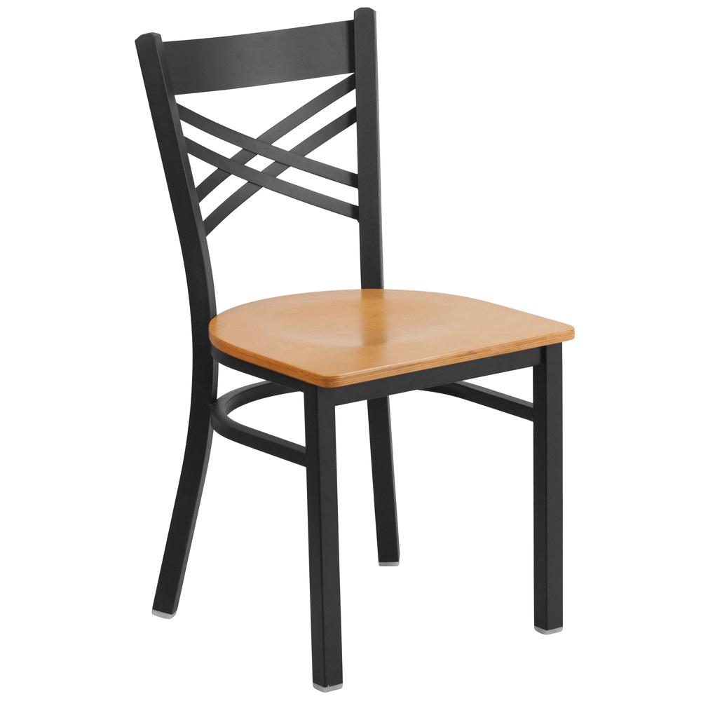 Black ''X'' Back Metal Restaurant Chair - Natural Wood Seat. Picture 1