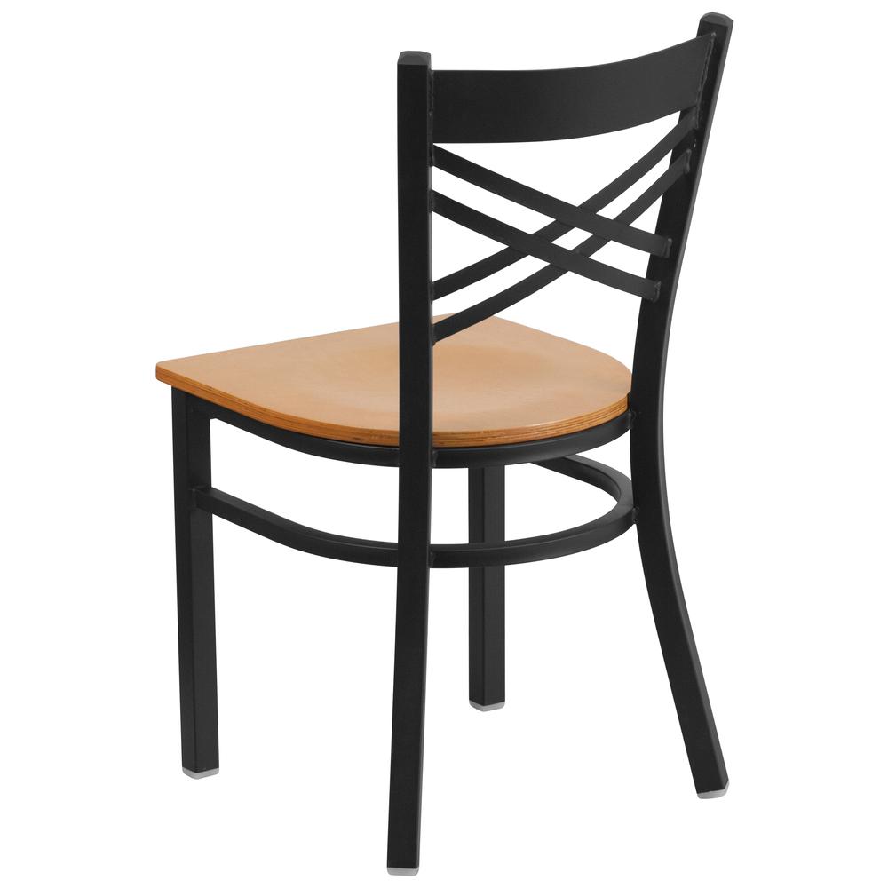 Black ''X'' Back Metal Restaurant Chair - Natural Wood Seat. Picture 3