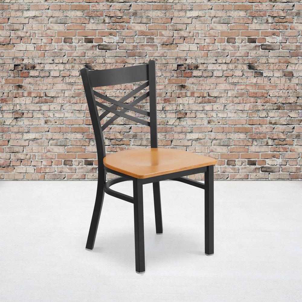 Black ''X'' Back Metal Restaurant Chair - Natural Wood Seat. Picture 5