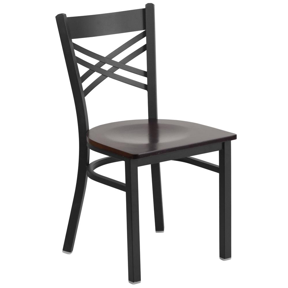 HERCULES Series Black ''X'' Back Metal Restaurant Chair - Walnut Wood Seat. The main picture.