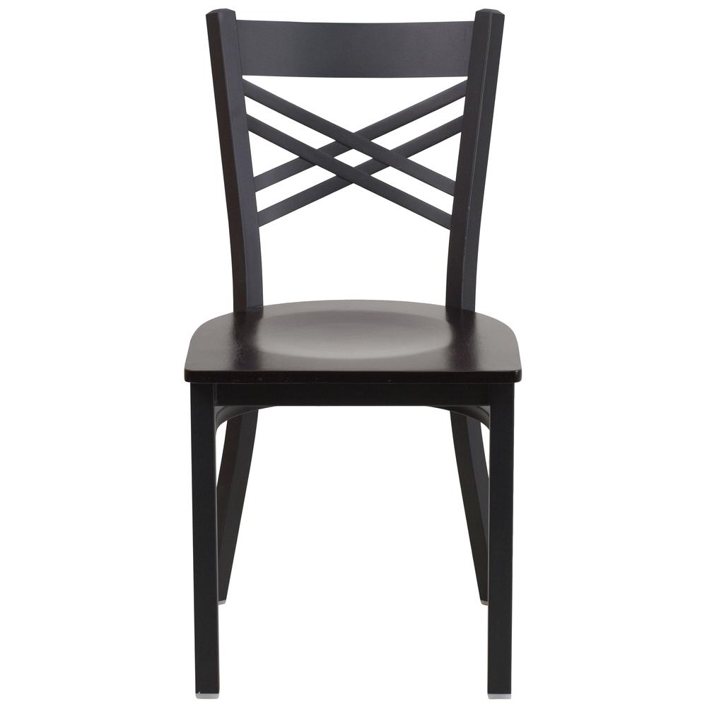 HERCULES Series Black ''X'' Back Metal Restaurant Chair - Walnut Wood Seat. Picture 4