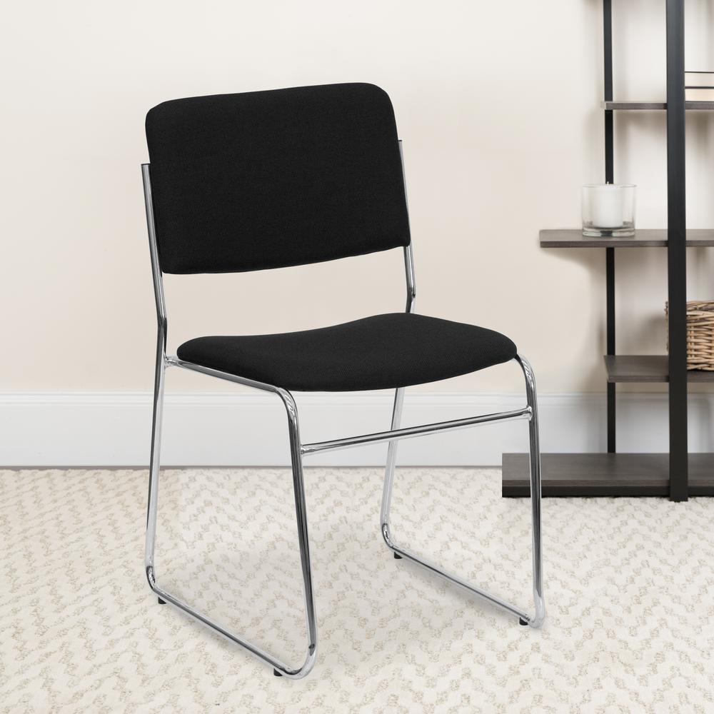 500 lb. Capacity Black Fabric High Density Stacking Chair with Chrome Sled Base. Picture 8