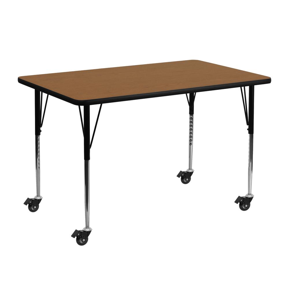 Mobile 24''W x 48''L Rectangular Oak Thermal Laminate Activity Table - Standard Height Adjustable Legs. Picture 1