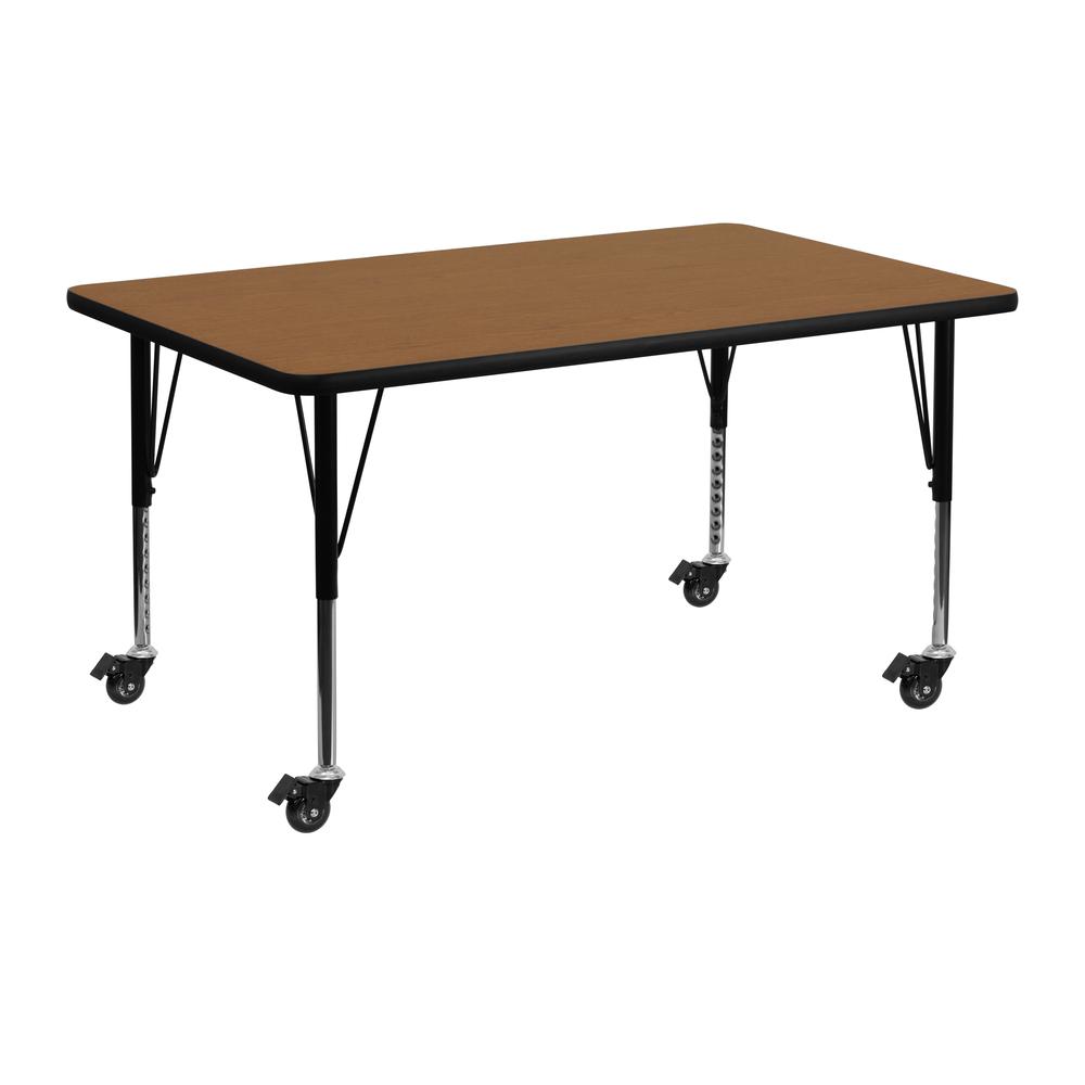 Mobile 24''W x 48''L Rectangular Oak Thermal Laminate Activity Table - Height Adjustable Short Legs. Picture 1