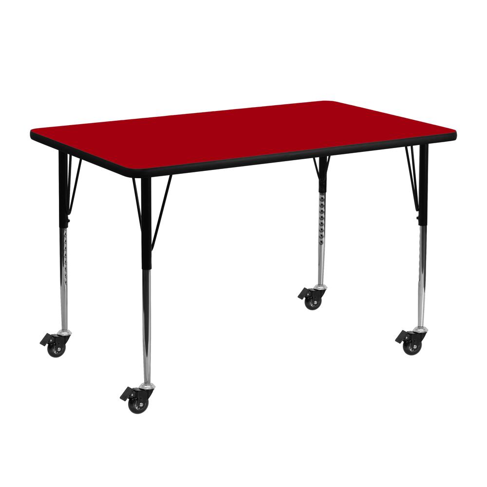 Mobile 24''W x 48''L Rectangular Red Thermal Laminate Activity Table - Standard Height Adjustable Legs. Picture 1