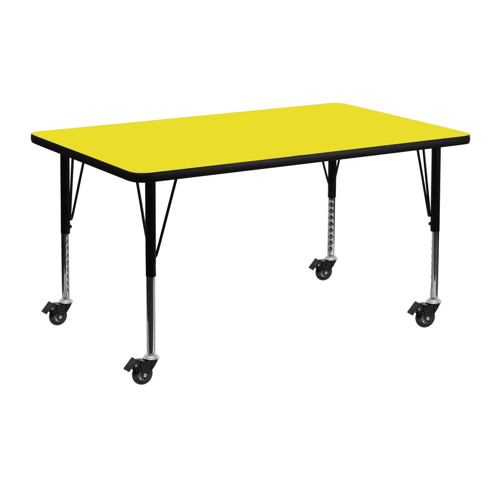 Mobile 24''W x 48''L Rectangular Yellow HP Laminate Activity Table - Height Adjustable Short Legs. Picture 1