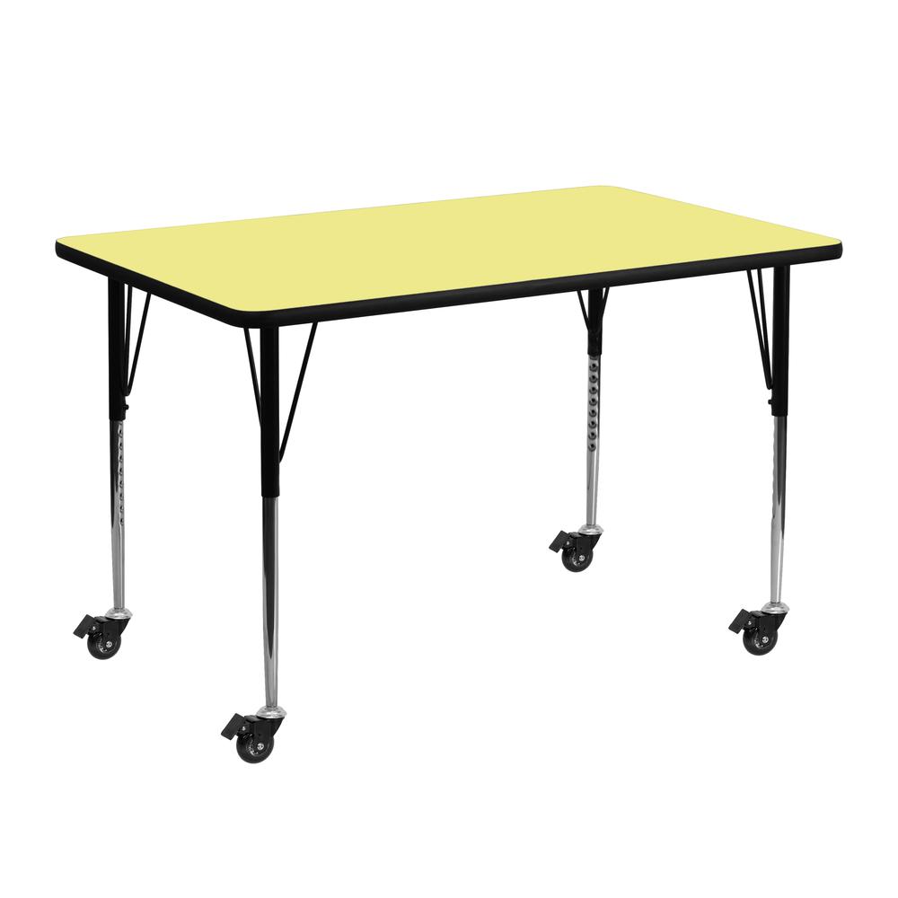 Mobile 24''W x 48''L Rectangular Yellow Thermal Laminate Activity Table - Standard Height Adjustable Legs. Picture 1