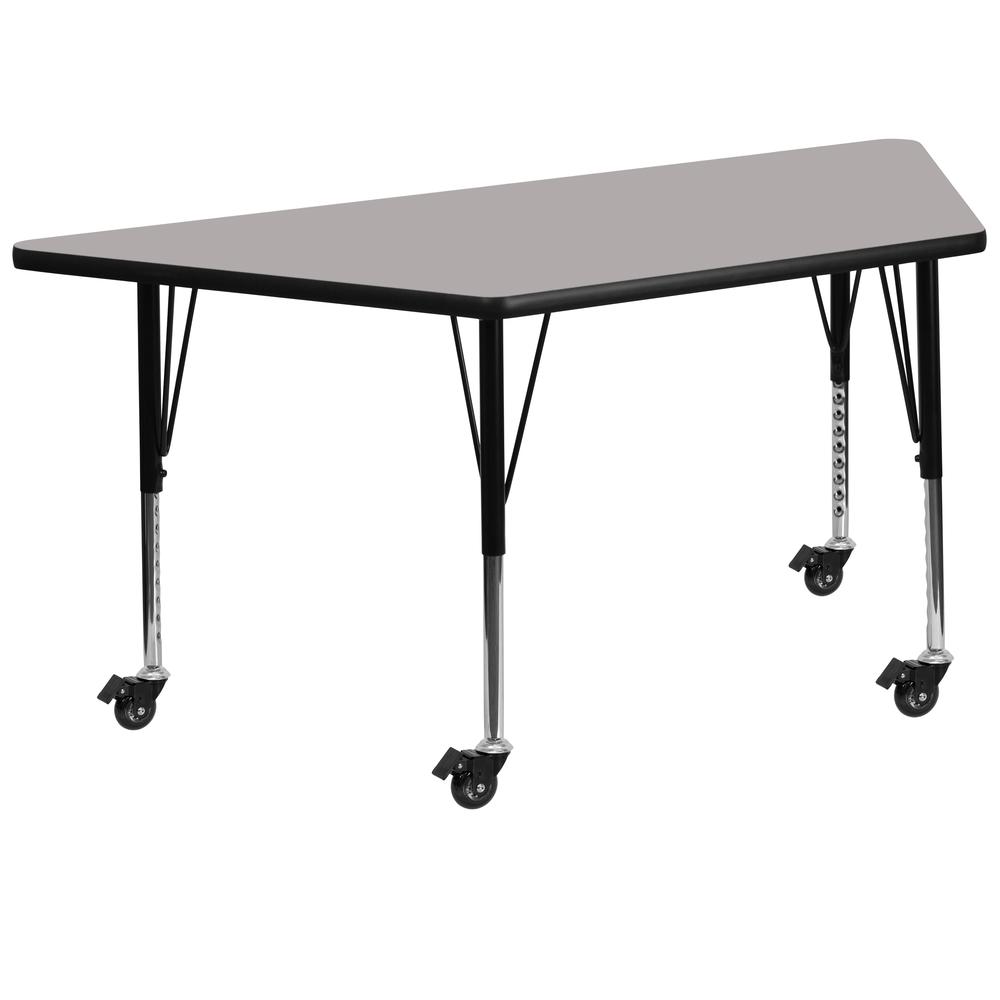 Mobile 22.5''W x 45''L Trapezoid Grey HP Laminate Activity Table - Height Adjustable Short Legs. Picture 1