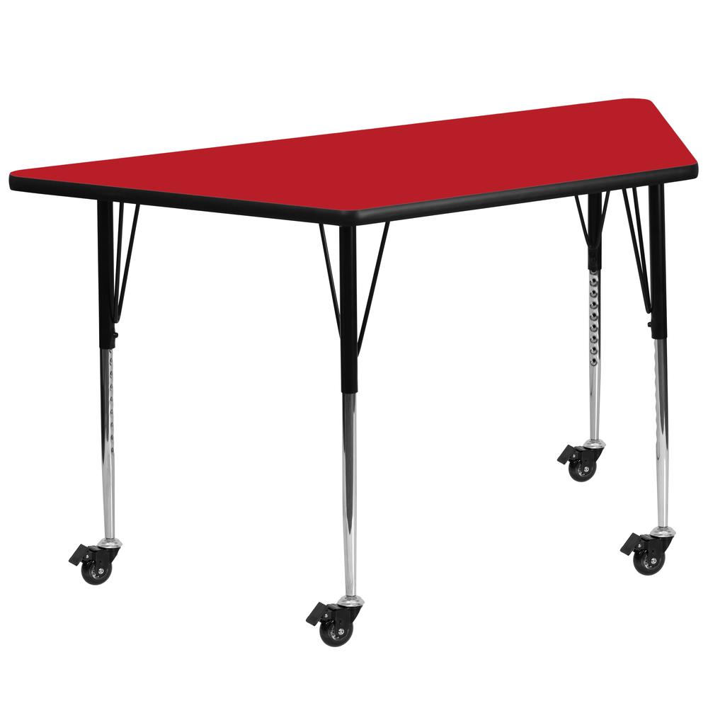 Mobile 22.5''W x 45''L Trapezoid Red HP Laminate Activity Table - Standard Height Adjustable Legs. Picture 1