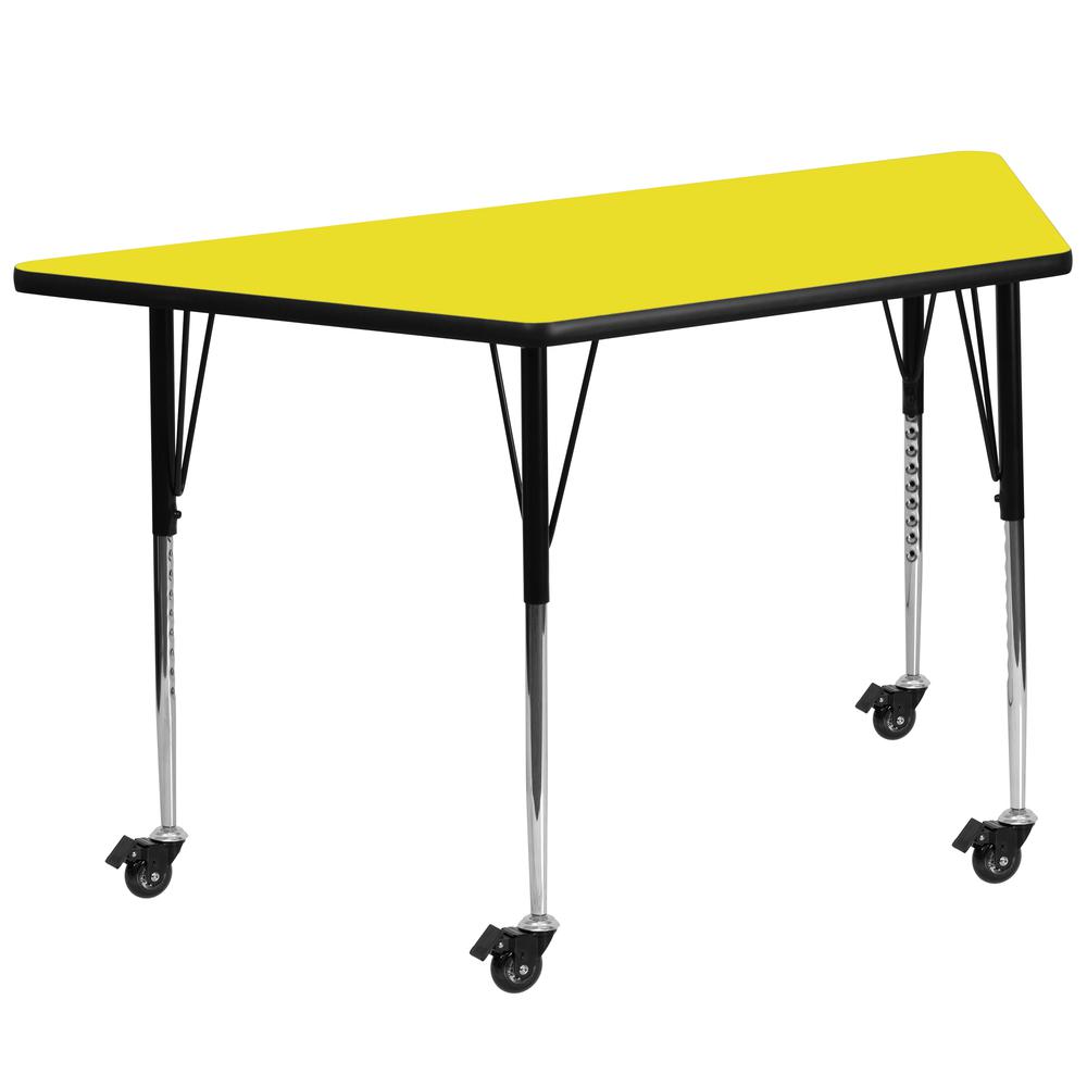 Mobile 22.5''W x 45''L Trapezoid Yellow HP Laminate Activity Table - Standard Height Adjustable Legs. Picture 1