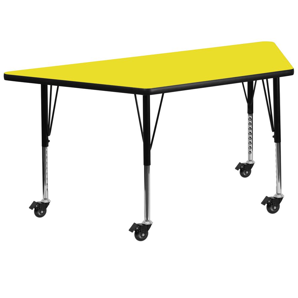 Mobile 22.5''W x 45''L Trapezoid Yellow HP Activity Table - Height Short Legs. Picture 1