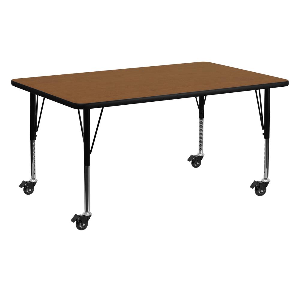 Mobile 24''W x 60''L Rectangular Oak HP Laminate Activity Table - Height Adjustable Short Legs. Picture 1