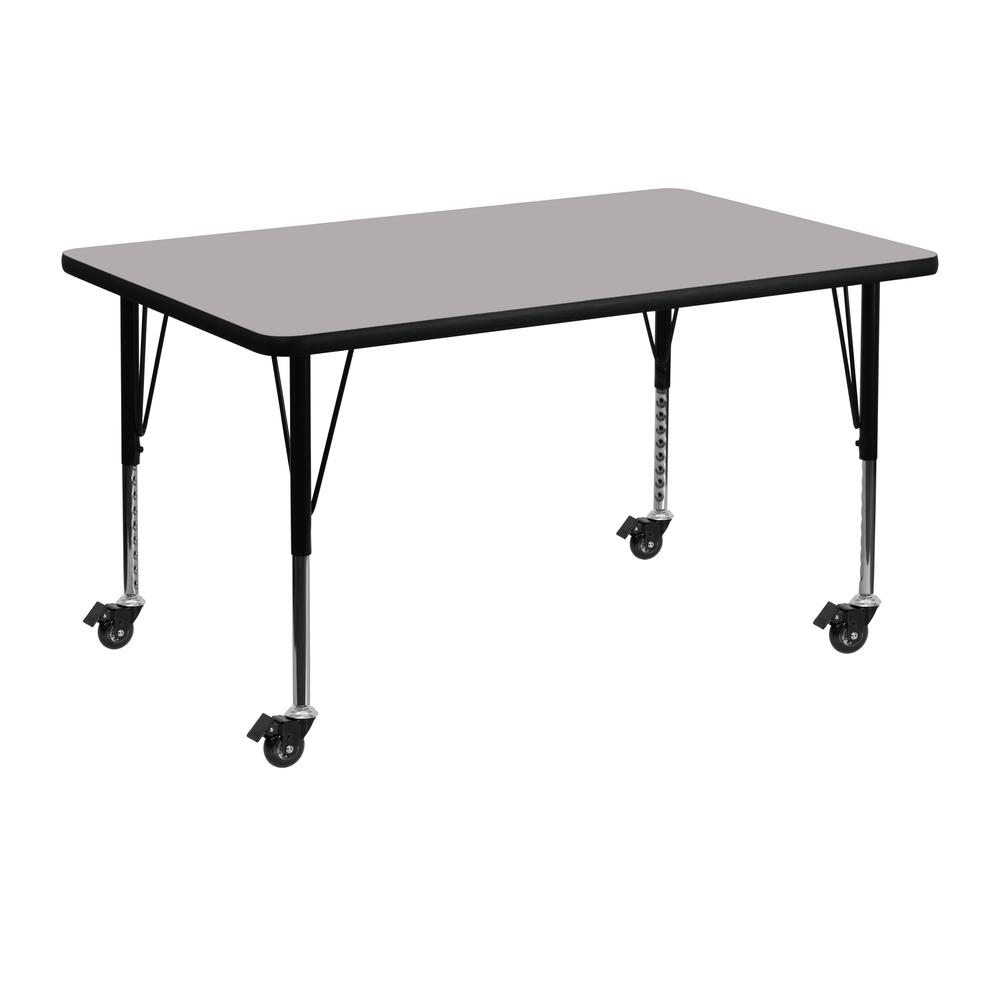Mobile 30''W x 48''L Rectangular Grey Thermal Laminate Activity Table - Height Adjustable Short Legs. Picture 1