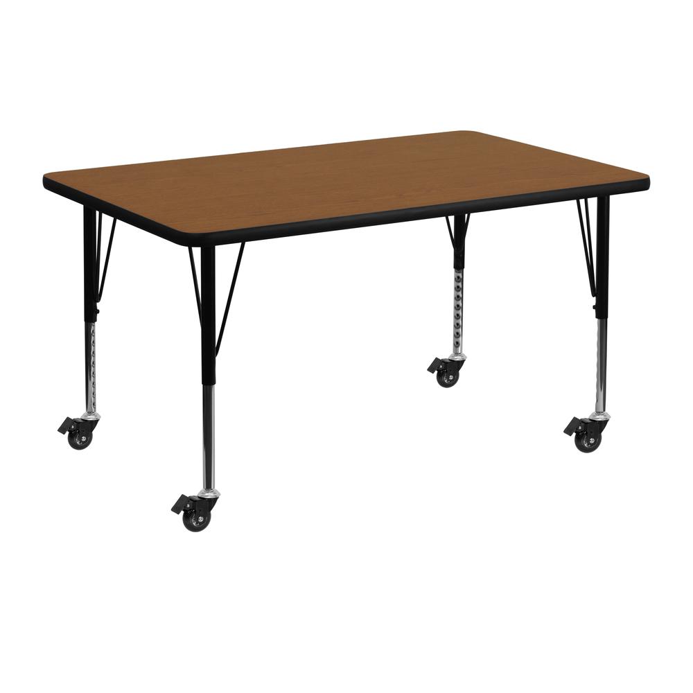 Mobile 30''W x 48''L Rectangular Oak HP Laminate Activity Table - Height Adjustable Short Legs. Picture 1