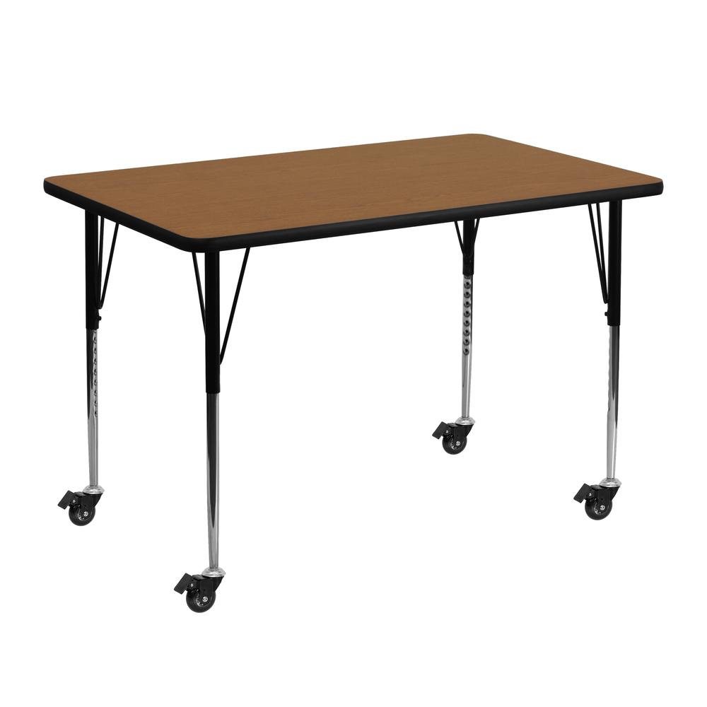 Mobile 30''W x 48''L Rectangular Oak Thermal Laminate Activity Table - Standard Height Adjustable Legs. Picture 1